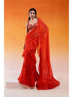 Redpine Designs - Orange Embroidered Pre Draped Saree with Stitched Blouse