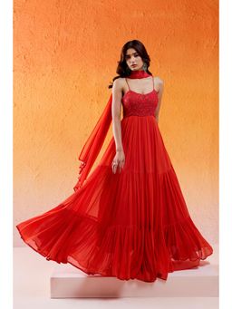 Redpine Designs - Scarlet Red Embroidered Anarkali with Dupatta (Set of 2)