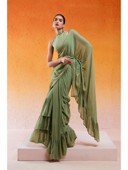 Redpine Designs - Pista Green Embroidered Pre Drape Saree with Stitched Blouse and Belt