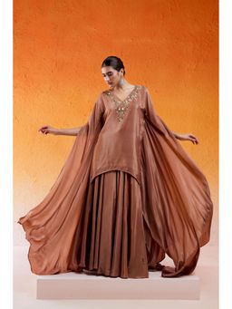 Redpine Designs - Brown Embroidered Sharara with Cape Sleeve Kurta (Set of 2)