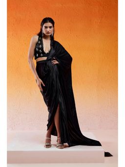 Redpine Designs - Black Embellished Pre Draped Saree with Stitched Blouse