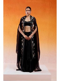 Redpine Designs - Black Embroidered Drape Skirt with Cape and Blouse (Set of 3)
