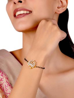 Voylla - American Diamond CZ Lotus Designed Plated Round Beaded Mangalsutra Bracelet