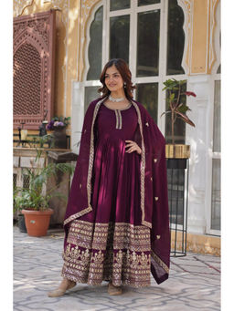JATRIQQ - Wine Shimmer Vichitra with Rich Sequins Embroidered Gown & Dupatta (Set of 2)