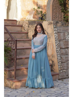 JATRIQQ - Blue Star Georgette with Beads Sequins Work Gown & Dupatta (Set of 2)