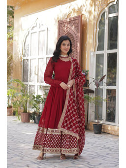 JATRIQQ - Red Faux Blooming with Embroidery Zari Sequins Work Gown & Dupatta (Set of 2)