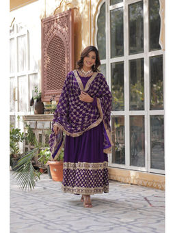 JATRIQQ - Purple Faux Blooming with Embroidery Zari Sequins Work Gown & Dupatta (Set of 2)
