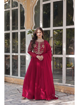 JATRIQQ - Maroon Faux Blooming Georgette with Embellished Gown & Dupatta (Set of 2)