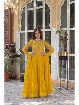 JATRIQQ - Yellow Faux Blooming Georgette with Embellished Gown & Dupatta (Set of 2)