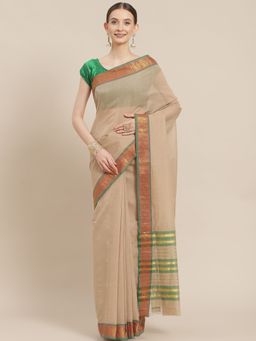 ISHIN - Womens Cotton Blend Beige Solid Woven Design Saree with Unstitched Blouse