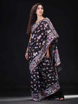 Beatitude - Black Cotton Silk Woven Jacquard Jamdani Saree with Unstitched Blouse