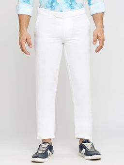 BASICS - Tapered Fit Bright White Linen Cotton Trousers