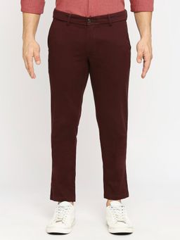 BASICS - Tapered Fit Puce Maroon Cotton Stretch Dobby Trousers
