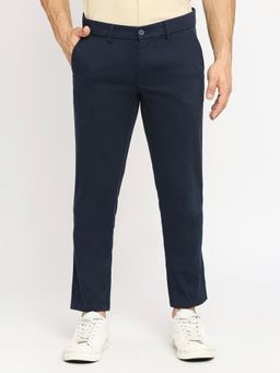 BASICS - Tapered Fit Dark Sapphire Navy Blue Cotton Stretch Dobby Trousers