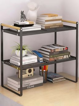 DecorTwist - 2 Tier Metal Cabinet Organizer Kitchen Storage Rack with Wooden Handles (Black)