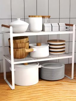 DecorTwist - 2 Tier Metal Cabinet Organizer Kitchen Storage Rack with Wooden Handles (White)