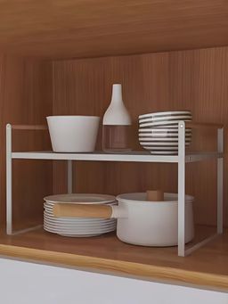 DecorTwist - 1 Tier Metal Cabinet Organizer Kitchen Storage Rack with Wooden Handles (White)