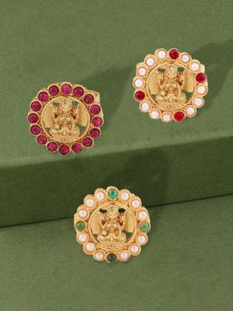 Zaveri Pearls - Set of 3 Pink & Green Stones Goddess Laxmi Temple Rings-ZPFK14517