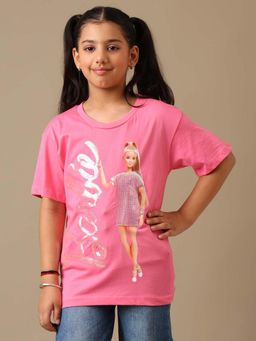 Kidsville - Official Barbie Sequins Printed Oversized Pure Cotton Pink Tshirt For Girls
