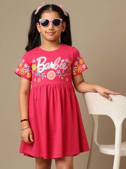 Kidsville - Official Barbie Graphic Printed Pure Cotton Pink Frock Dress For Girls