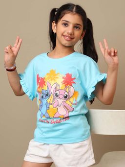 Kidsville - Official Lilo & Stitch Glitter Printed Relaxed Cotton Blue Tshirt For Girls
