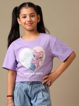 Kidsville - Official Lilo & Stitch Sequins Printed Cotton Lavender Crop Tshirt For Girls