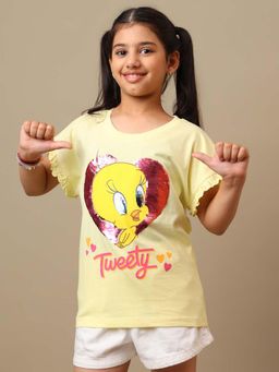 Kidsville - Official Looney Tunes Sequins Printed Relaxed Fit Yellow Tshirt For Girls