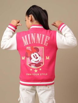 Kidsville - Official Mickey & Friends Printed Pink & White Varsity Jacket For Girls