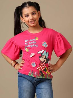 Kidsville - Official Mickey & Friends Printed Relaxed Fit Cotton Pink Tshirt For Girls