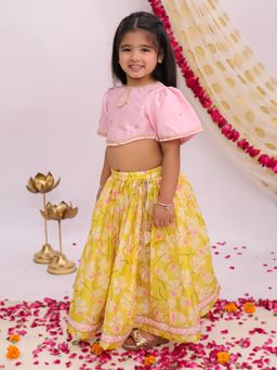 MUD KID - Pink Silk Floral Lehanga With Choli