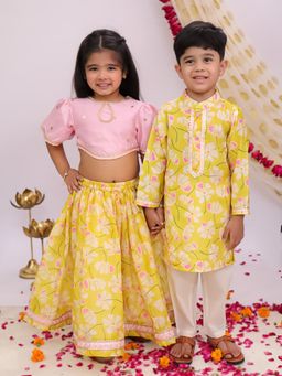 MUD KID - Yellow Silk Floral Kurta With Pyjama