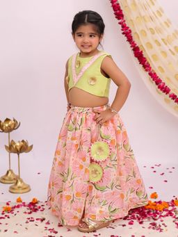 MUD KID - Green Silk Floral Lehanga With Choli
