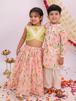 MUD KID - Beige Silk Floral Kurta With Pyjama