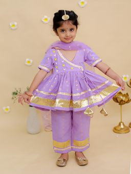 MUD KID - Purple Cotton Embroidered Anarkali Kurta With Pant & Dupatta