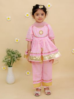 MUD KID - Pink Cotton Embroidered Anarkali Kurta With Pant & Dupatta