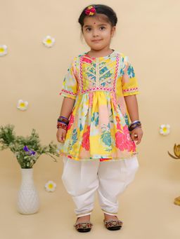 MUD KID - Yellow Silk Floral Anarkali Kurta With Dhoti