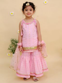MUD KID - Pink Cotton Embroidered Kurti With Sharara & Dupatta