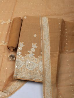 MEENA BAZAAR - Brown Embroidered Linen Unstitched Kurta with Pant and Dupatta