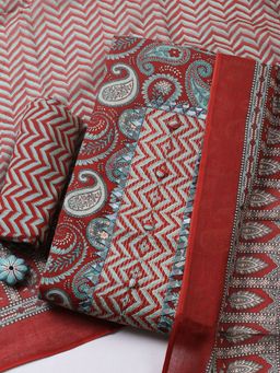 MEENA BAZAAR - Printed Cotton Maroon Unstitched Kurta with Pant and Dupatta