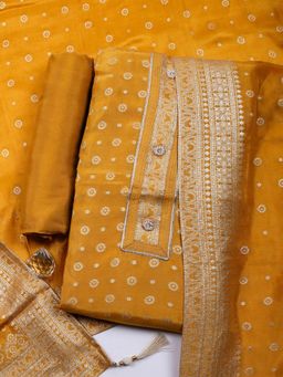 MEENA BAZAAR - Printed Chanderi Mustard Unstitched Kurta with Pant and Dupatta