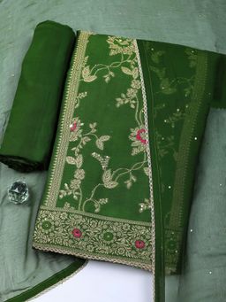 MEENA BAZAAR - Green Woven Chanderi Unstitched Kurta with Pant and Dupatta