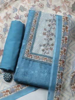 MEENA BAZAAR - Printed Blue Cotton Unstitched Kurta with Pant and Dupatta