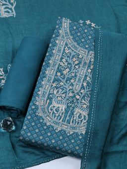 MEENA BAZAAR - Embroidered Turquoise Unstitched Kurta with Pant and Dupatta