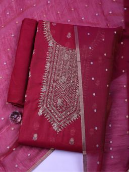 MEENA BAZAAR - Magenta Embroidered Chanderi Unstitched Kurta with Pant and Dupatta