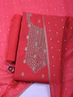 MEENA BAZAAR - Pink Embroidered Chanderi Unstitched Kurta with Pant and Dupatta