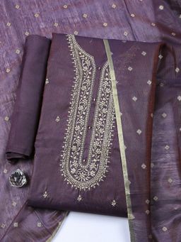 MEENA BAZAAR - Purple Embroidered Chanderi Unstitched Kurta with Pant and Dupatta