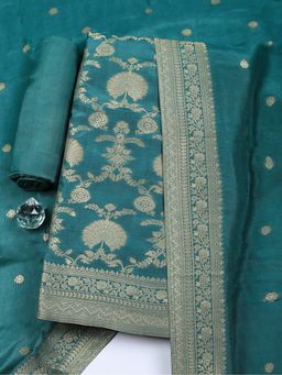 MEENA BAZAAR - Teal Woven Chanderi Unstitched Kurta with Pant and Dupatta