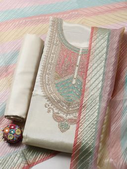 MEENA BAZAAR - Embroidered Art Silk Beige Unstitched Kurta with Pant and Dupatta