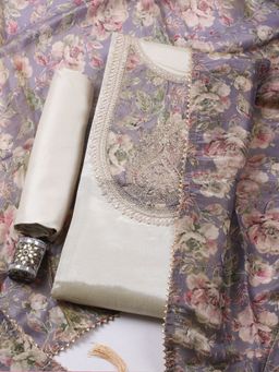 MEENA BAZAAR - Embroidered Art Silk Lavender Unstitched Kurta with Pant and Dupatta