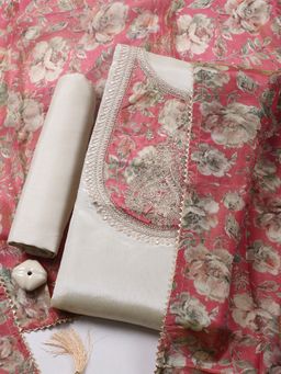 MEENA BAZAAR - Embroidered Art Silk Pink Unstitched Kurta with Pant and Dupatta